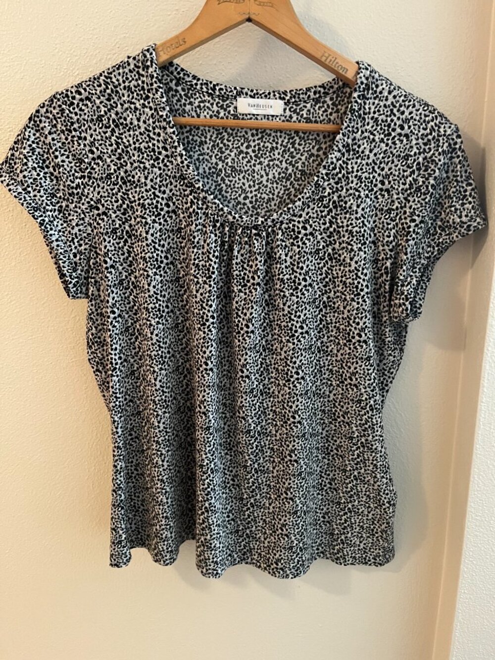 Van Heusen Ruched Scoop-Neck Animal-Print Short Sleeve Blouse